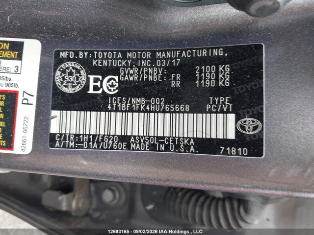 12693165 :رقم المزاد ، 4T1BF1FK4HU765668 vin ، 2017 Toyota Camry Se مزاد بيع