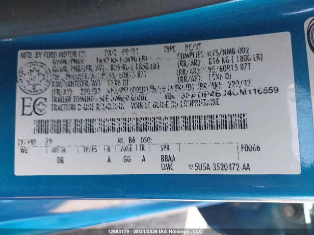 2012 Ford Fiesta Se მანქანა იყიდება აუქციონზე, vin: 3FADP4BJ4CM116559, აუქციონის ნომერი: 12693179