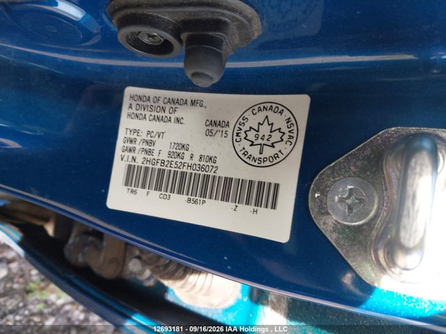 12693181 :رقم المزاد ، 2HGFB2E52FH036072 vin ، 2015 Honda Civic Ex 4dr مزاد بيع