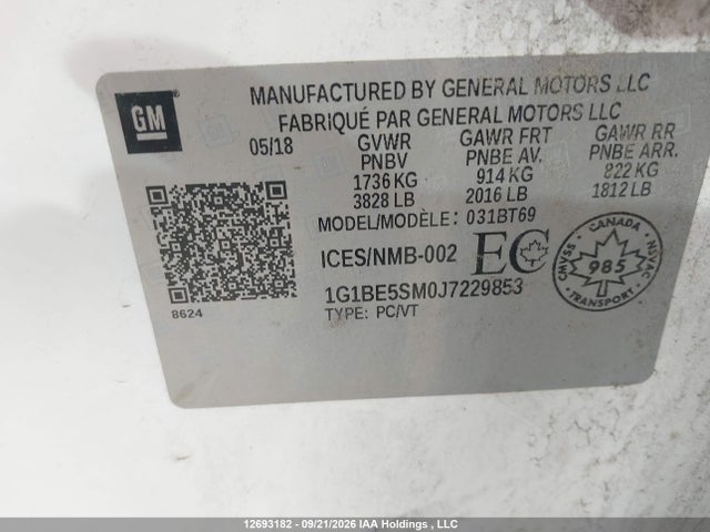 Chevrolet CRUZE LT 2018 1G1BE5SM0J7229853 Image 9