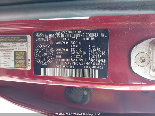 Auction sale of the 2017 Kia Sorento Ex, vin: 5XYPHDA53HG304647, lot number: 12693184