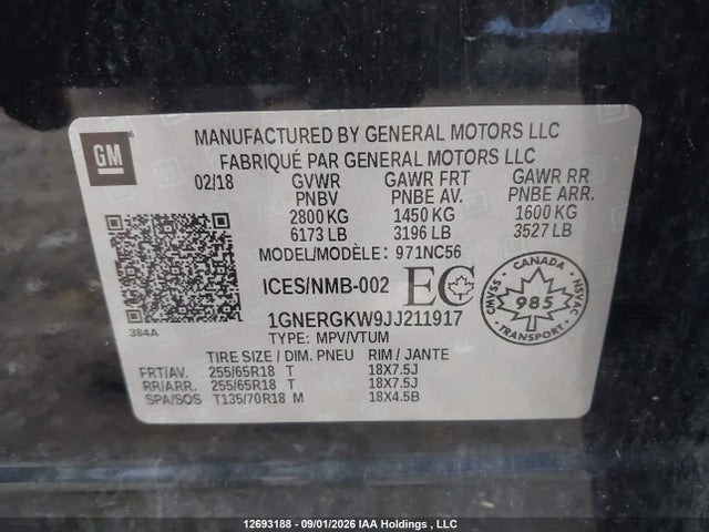 Auction sale of the 2018 Chevrolet Traverse Lt, vin: 1GNERGKW9JJ211917, lot number: 12693188