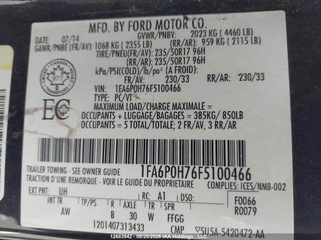 1FA6P0H76F5100466 Ford FUSION SE