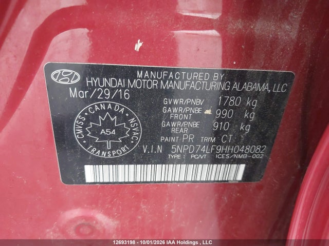 12693198 :رقم المزاد ، 5NPD74LF9HH048082 vin ، 2017 Hyundai Elantra Le مزاد بيع