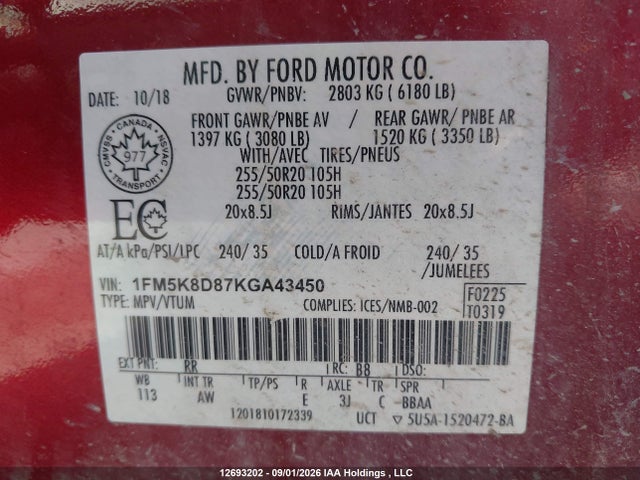 Aukcja sprzedaży 2019 Ford Explorer Xlt, vin: 1FM5K8D87KGA43450, numer aukcji: 12693202