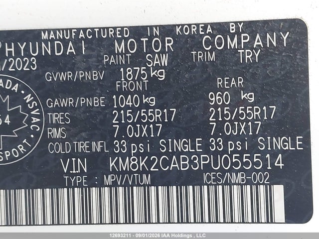 Продаж на аукціоні авто 2023 Hyundai Kona Preferred Awd, vin: KM8K2CAB3PU055514, номер лоту: 12693211