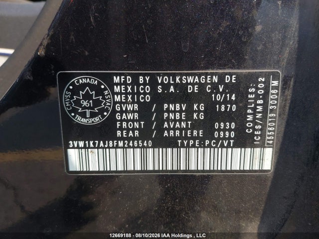 3VW1K7AJ8FM246540 Volkswagen Jetta 2.0l Trendline/2.0l Trendline+