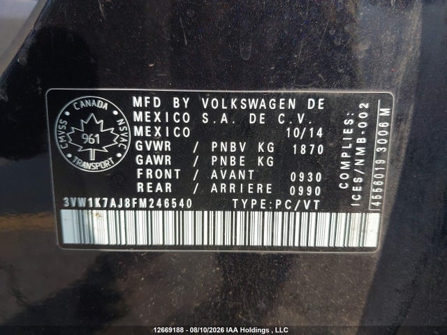 3VW1K7AJ8FM246540 Volkswagen Jetta 2.0l Trendline/2.0l Trendline+
