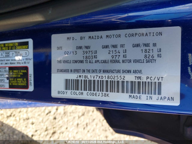 Aukcja sprzedaży 2013 Mazda Mazda3 Gs-sky, vin: JM1BL1V7XD1802552, numer aukcji: 12676010
