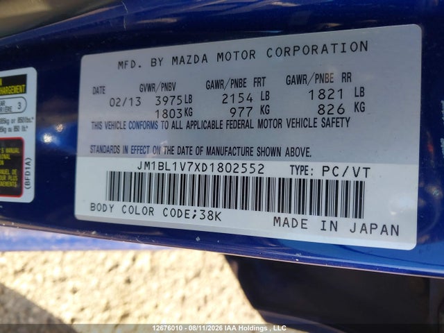 Aukcja sprzedaży 2013 Mazda Mazda3 Gs-sky, vin: JM1BL1V7XD1802552, numer aukcji: 12676010