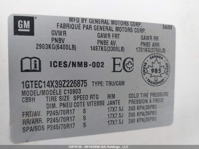 Продаж на аукціоні авто 2009 Gmc Sierra 1500 Wt, vin: 1GTEC14X39Z226875, номер лоту: 12676120
