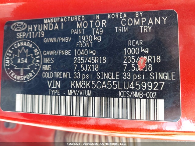 Aukcja sprzedaży 2020 Hyundai Kona Ultimate, vin: KM8K5CA55LU459927, numer aukcji: 12693223