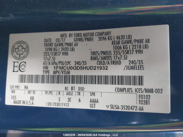 Ford ESCAPE SE 2017 1FMCU0GD5HUD21932 Image 18