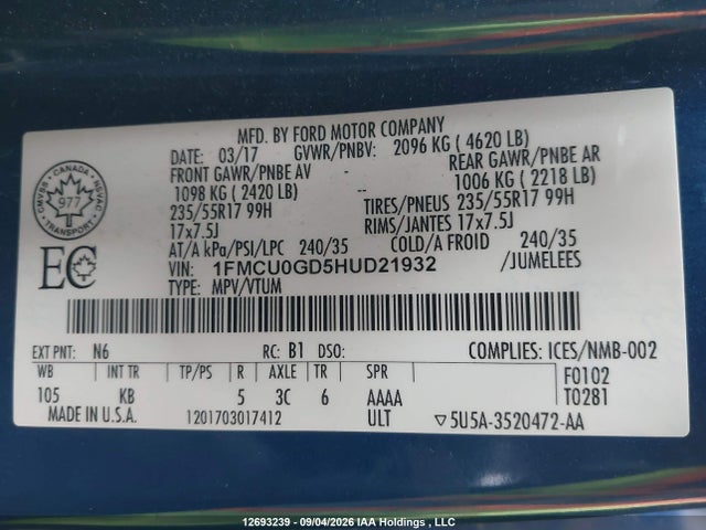 Ford ESCAPE SE 2017 1FMCU0GD5HUD21932 Image 9