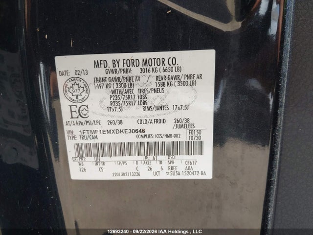 Auction sale of the 2013 Ford F150, vin: 1FTMF1EMXDKE30646, lot number: 12693240