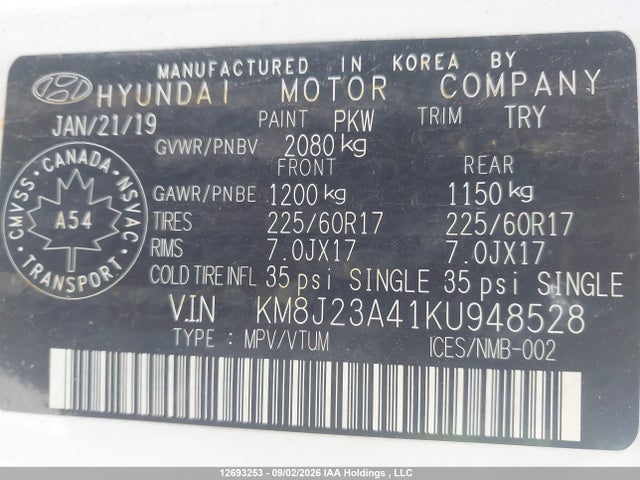 12693253 :رقم المزاد ، KM8J23A41KU948528 vin ، 2019 Hyundai Tucson Se مزاد بيع