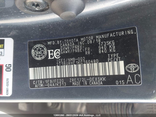 Aukcja sprzedaży 2019 Toyota Corolla L/le/xle/se/xse, vin: 2T1BURHE1KC160480, numer aukcji: 12693260