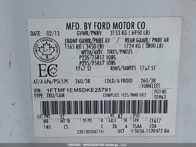 12693262 :رقم المزاد ، 1FTMF1EM5DKE25791 vin ، 2013 Ford F150 مزاد بيع