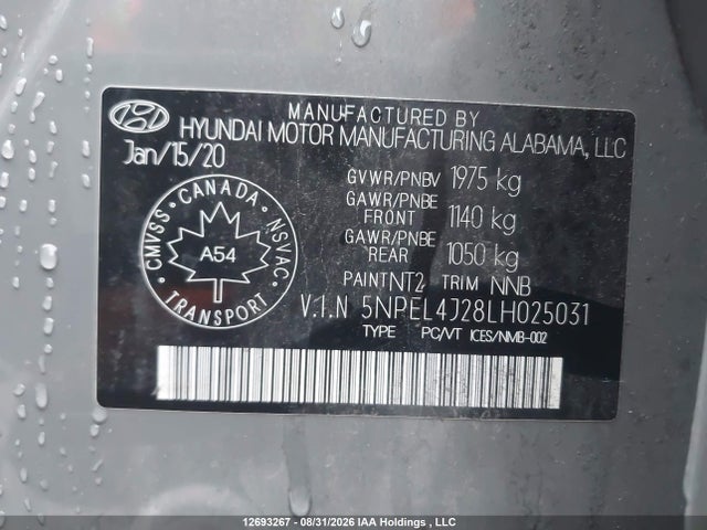 12693267 :رقم المزاد ، 5NPEL4J28LH025031 vin ، 2020 Hyundai Sonata Sel مزاد بيع