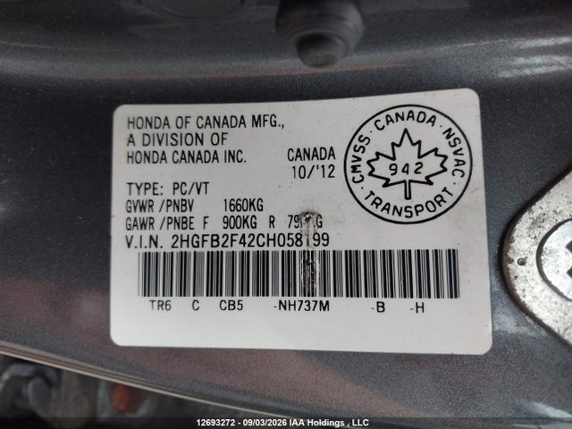 Продажа на аукционе авто 2012 Honda Civic Lx, vin: 2HGFB2F42CH058199, номер лота: 12693272