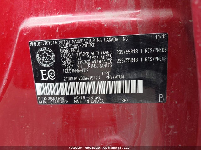 Toyota Rav4 Limited 2016 2T3DFREV0GW415723 Image 9