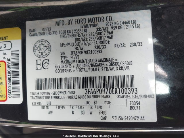 Ford FUSION SE 2014 3FA6P0H70ER100393 Image 9