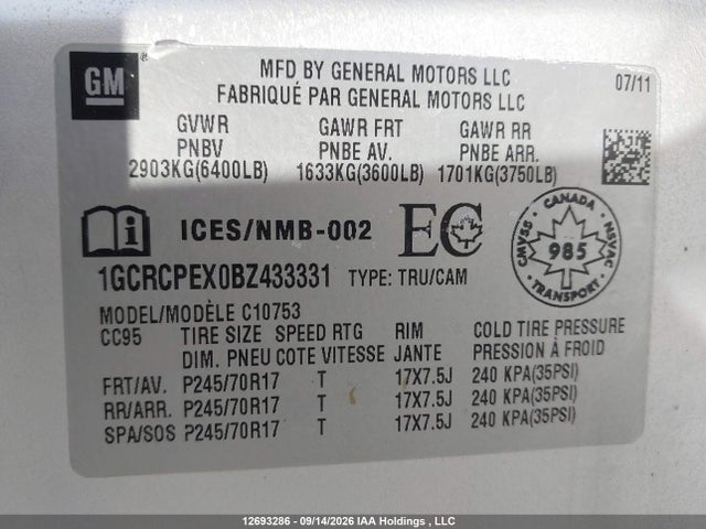 Продажа на аукционе авто 2011 Chevrolet Silverado C1500, vin: 1GCRCPEX0BZ433331, номер лота: 12693286