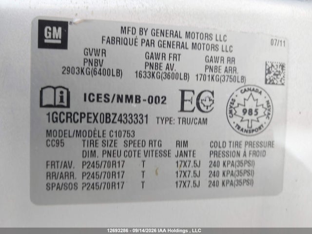 Продажа на аукционе авто 2011 Chevrolet Silverado C1500, vin: 1GCRCPEX0BZ433331, номер лота: 12693286