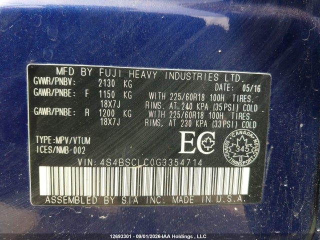 Subaru Outback 2.5i Limited 2016 4S4BSCLC0G3354714 Image 9