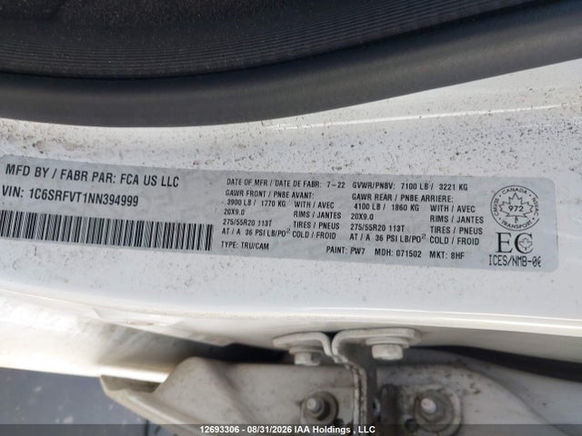 12693306 :رقم المزاد ، 1C6SRFVT1NN394999 vin ، 2022 Ram 1500 Sport مزاد بيع