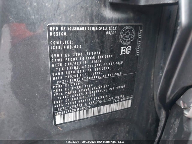 Продаж на аукціоні авто 2021 Volkswagen Tiguan Comfortline/united, vin: 3VV2B7AXXMM152279, номер лоту: 12693321