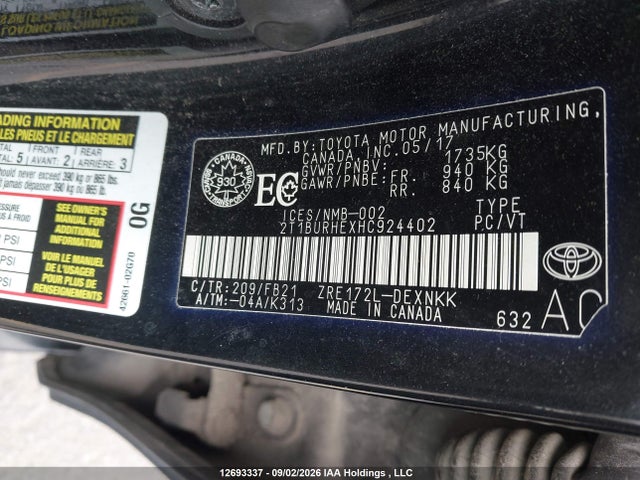 2T1BURHEXHC924402 Toyota COROLLA LE