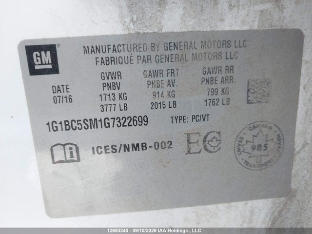 Продажа на аукционе авто 2016 Chevrolet Cruze Ls Auto, vin: 1G1BC5SM1G7322699, номер лота: 12693340