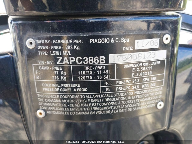 2007 Vespa Lx 50 მანქანა იყიდება აუქციონზე, vin: ZAPC386B175006123, აუქციონის ნომერი: 12693344