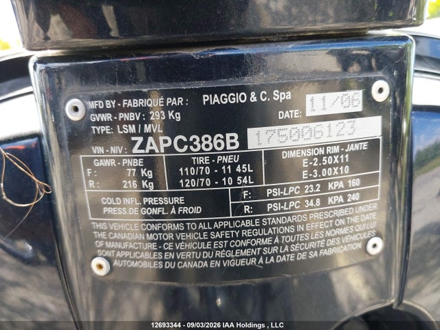 2007 Vespa Lx 50 მანქანა იყიდება აუქციონზე, vin: ZAPC386B175006123, აუქციონის ნომერი: 12693344