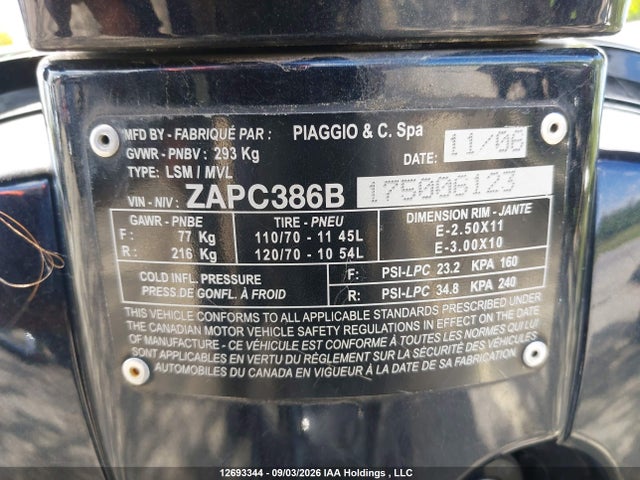 2007 Vespa Lx 50 მანქანა იყიდება აუქციონზე, vin: ZAPC386B175006123, აუქციონის ნომერი: 12693344