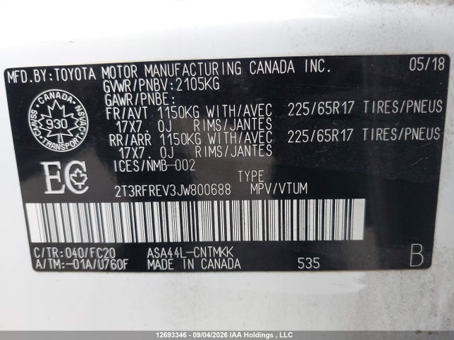 Продаж на аукціоні авто 2018 Toyota Rav4 Xle, vin: 2T3RFREV3JW800688, номер лоту: 12693346