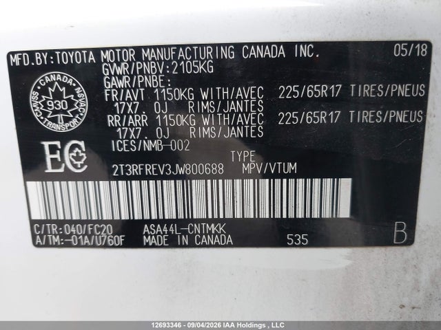 Продаж на аукціоні авто 2018 Toyota Rav4 Xle, vin: 2T3RFREV3JW800688, номер лоту: 12693346