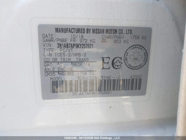 Продаж на аукціоні авто 2019 Nissan Sentra 1.8 S/1.8 Sv, vin: 3N1AB7AP9KY252621, номер лоту: 12693349
