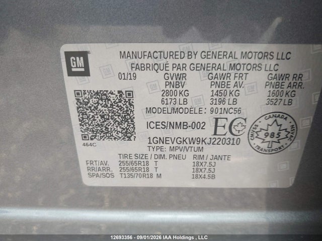 Продажа на аукционе авто 2019 Chevrolet Traverse Lt, vin: 1GNEVGKW9KJ220310, номер лота: 12693356