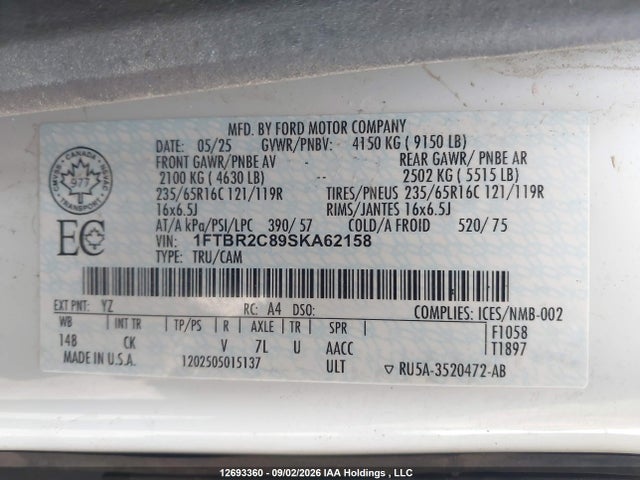 Продаж на аукціоні авто 2025 Ford Transit T-250, vin: 1FTBR2C89SKA62158, номер лоту: 12693360