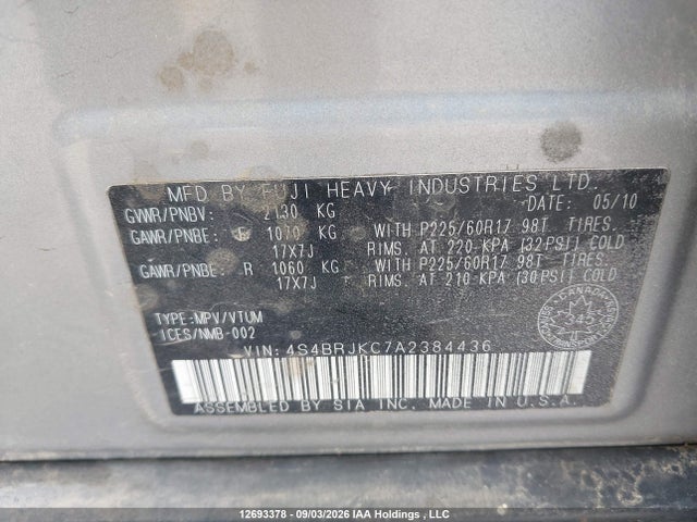 12693378 :رقم المزاد ، 4S4BRJKC7A2384436 vin ، 2010 Subaru Outback مزاد بيع