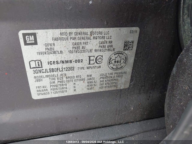 2015 Chevrolet Trax 1lt მანქანა იყიდება აუქციონზე, vin: 3GNCJLSB0FL212202, აუქციონის ნომერი: 12693413