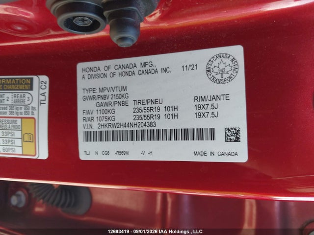 12693419 :رقم المزاد ، 2HKRW2H44NH204383 vin ، 2022 Honda Cr-v Sport مزاد بيع
