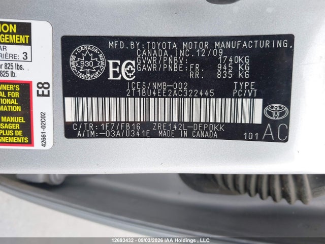 Продажа на аукционе авто 2010 Toyota Corolla, vin: 2T1BU4EE2AC322445, номер лота: 12693432