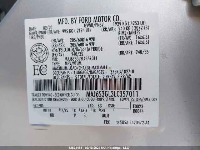 MAJ6S3GL3LC357011 Ford Ecosport Se