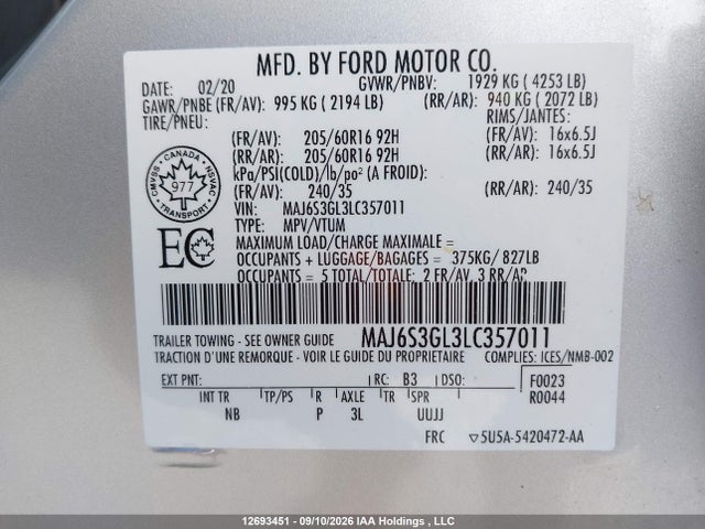 MAJ6S3GL3LC357011 Ford Ecosport Se
