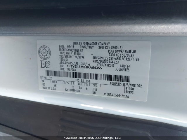 Aukcja sprzedaży 2018 Ford Transit T-150, vin: 1FTYE1ZM0JKA54355, numer aukcji: 12693452