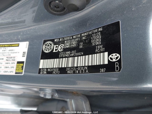 12693462 :رقم المزاد ، 5YFBPMBE4MP200024 vin ، 2021 Toyota Corolla Le مزاد بيع
