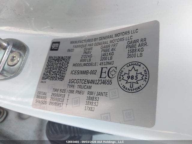 Aukcja sprzedaży 2022 Chevrolet Colorado Lt, vin: 1GCGTCEN4N1234655, numer aukcji: 12693465